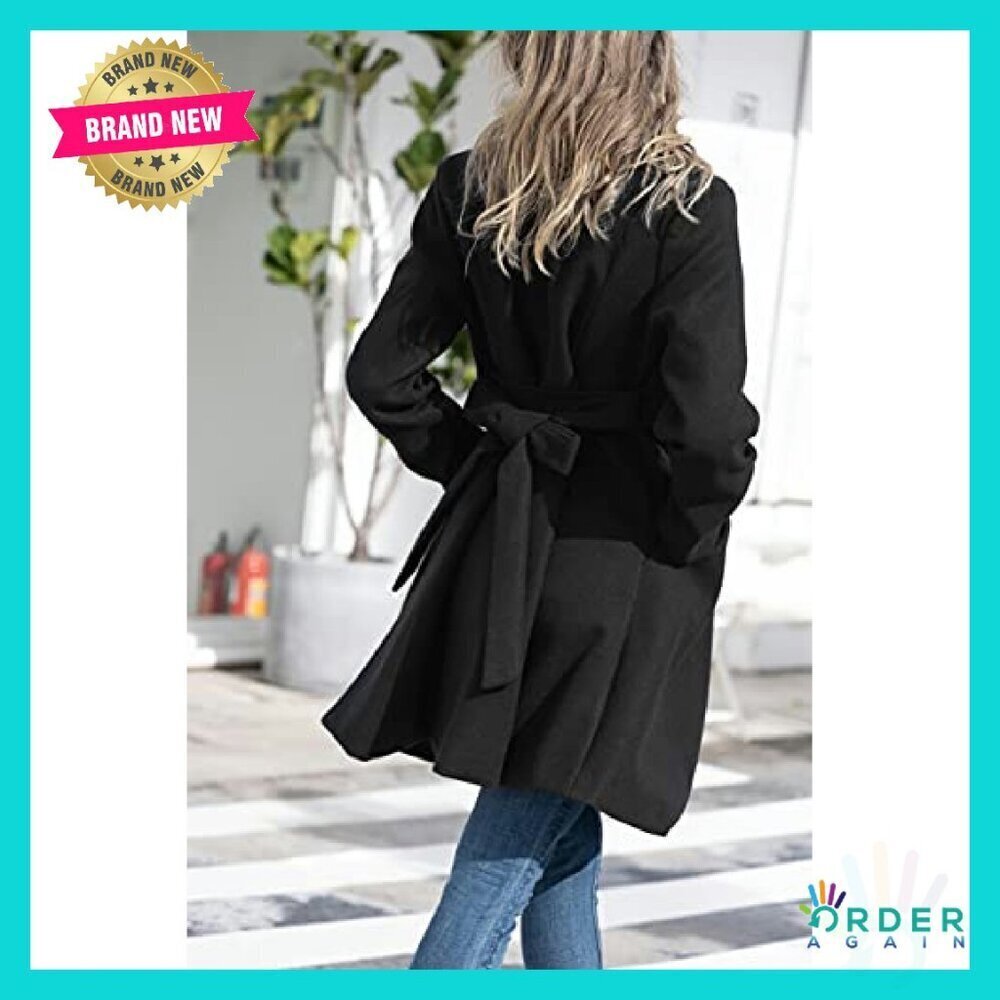 A-Line Peacoat Dress Coat Belted Notch Lapel Elegant Classic Trench - Picture 5 of 8